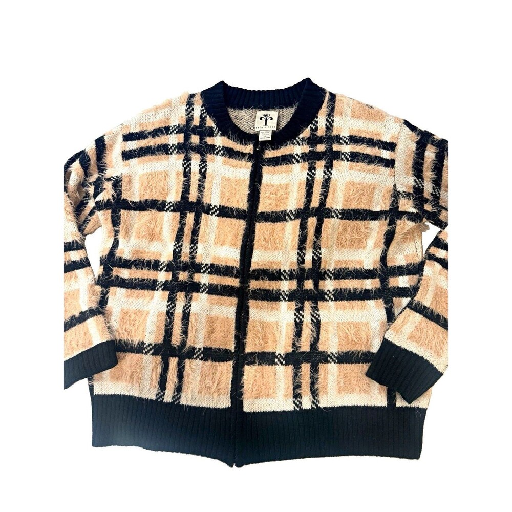 Rain + Rose Black Beige Pink Plaid Knit Full Zip Crew Neck Sweater XL